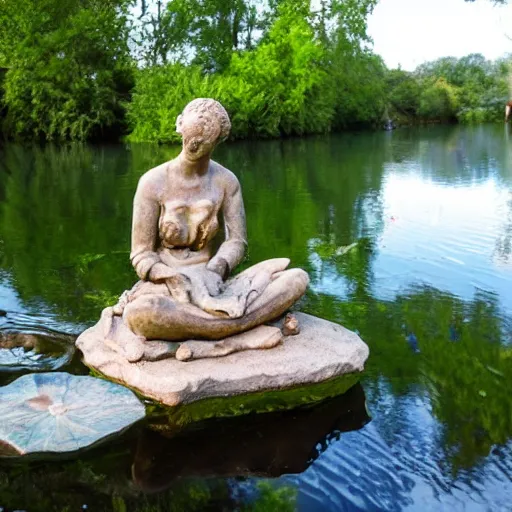 Prompt: a statue of a woman sitting in the middle of a pond with a fox resting in her lap