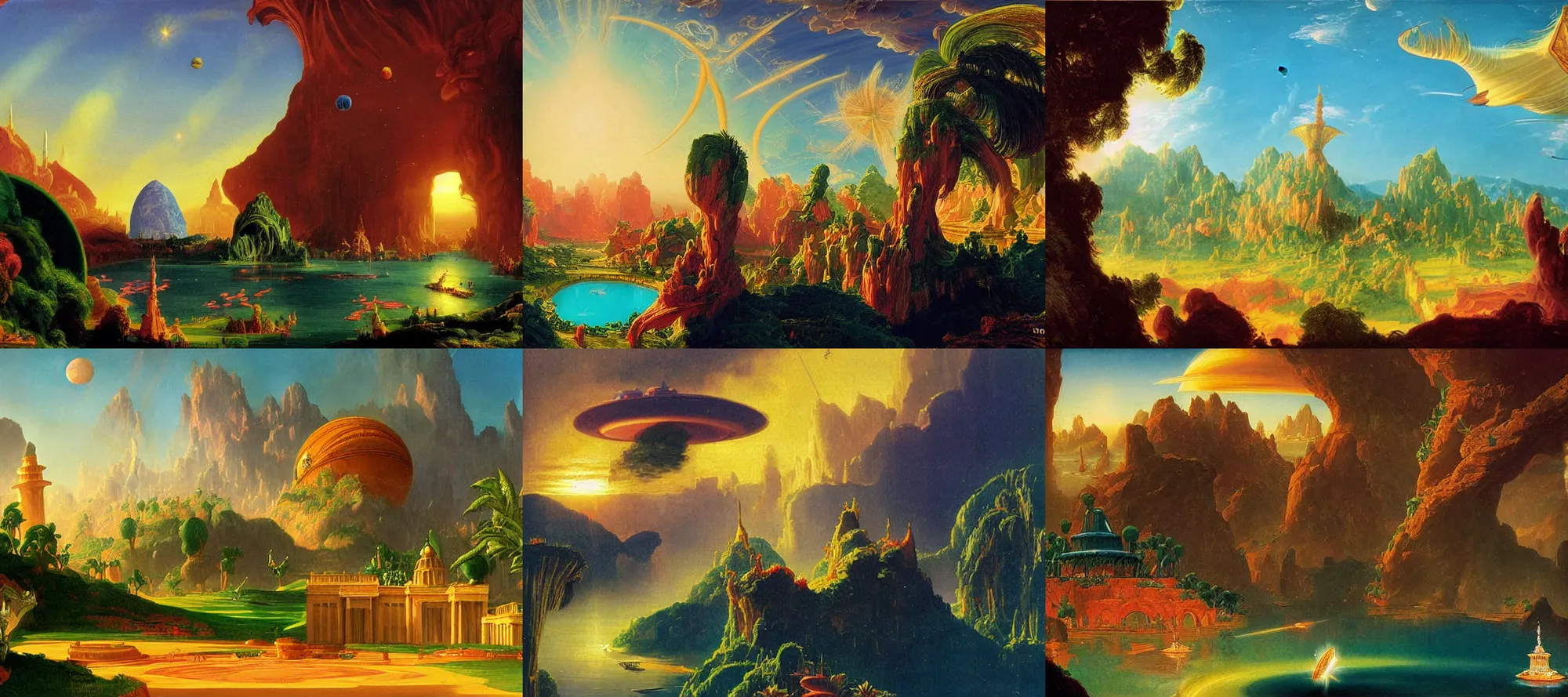 Prompt: naboo in the style of dr. seuss, starships, painting by thomas cole