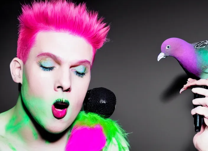 Image similar to a punk boy with pink hair and green lipstick singing karaoke with a pigeon on his shoulder