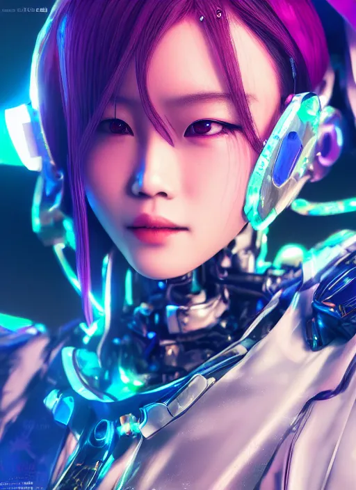 Image similar to a highly detailed portrait of a kpop idol mecha lady in spiked cyberpunk bioarmor trending on artstation by yoshitake amano, holographic undertones, 3 d cg, octane rendered, highly saturated colors, futuristic, 2 k aesthetic, dramatic lighting, 4 k