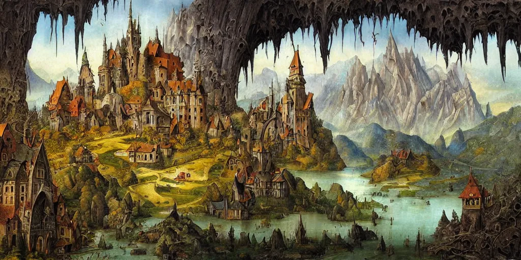 Prompt: beautiful Veduta painting gothic painting of a lively scenic rpg map with lakes, forests, mountain ranges, castles, rivers, hills, villages, flying dragons, surrounded by snowy mountains, by Esao Andrews and Peter Gric and Hieronymus Bosch and De Es Schwertzberger