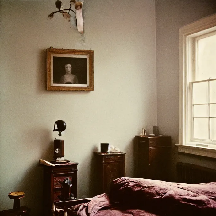 Prompt: kodak portra 4 0 0, wetplate, fisheye, award - winning portrait by britt marling, 1 8 8 0 s bedroom, ghost, picture frames, shining lamps, dust, smoke, 1 8 8 0 s furniture, wallpaper, carpet, books, muted colours, wood, fog, plants, flowers