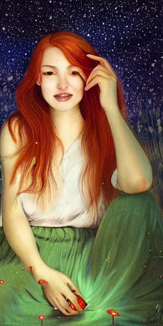 Prompt: infp young woman, smiling, amazed by golden fireflies lights, sitting in the midst of nature fully covered, long loose red hair, intricate linework, green eyes, small nose with freckles, oval shape face, realistic, expressive emotions, dramatic lights mystical scene, hyper realistic ultrafine art by artemisia gentileschi, albert bierstadt, artgerm