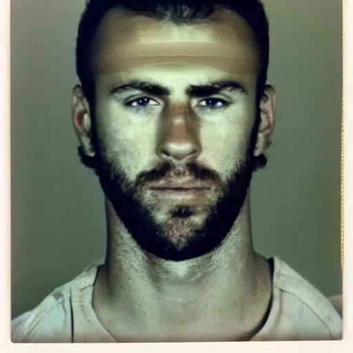 Image similar to Mugshot Portrait of Gigachad, taken in the 1970s, photo taken on a 1970s polaroid camera, grainy, real life, hyperrealistic, ultra realistic, realistic, highly detailed, epic, HD quality, 8k resolution, body and headshot, film still, front facing, front view, headshot and bodyshot, detailed face, very detailed face