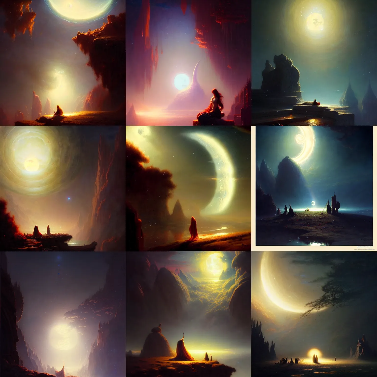 Prompt: giant shining crescent clearly seen, magic fluffy persian carpet dimension, by greg rutkowski and gaston bussiere, dim lighting, beautiful volumetric - lighting - style atmosphere, surreal atmosphere, intricate, detailed, photorealistic imagery, trending artstation