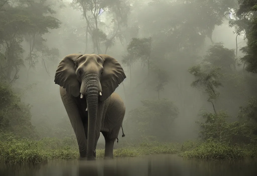 Image similar to an enormous elephant king, in a jungle with ominous light from above, ambient light, fog, river, very poetic