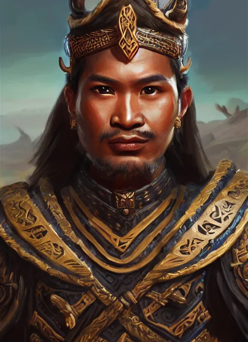 Image similar to smart tai warlord, closeup portrait, historical hero, ethnic group, khmer costume, bronze headset, intricate, with leather armor cross on bare chest, elegant, loin cloth, highly detailed, oil painting, artstation, concept art, matte, sharp focus, illustration, hearthstone, art by earl norem