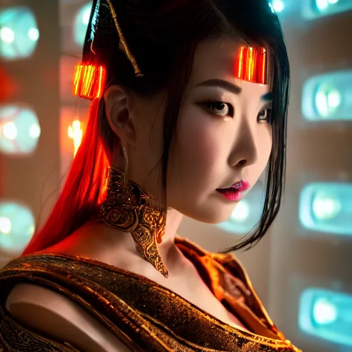 Prompt: provocative closeup frontal photo of beautiful sexy Chinese ancient princess standing in the tight corridor in the space ship in translucent ancient dress, attractive symmetrical face, big eyes and lips, clean face and body skin,ecstatic face expression, ornamental jewelry and ancient translucent sexy clothes, futuristic space ship interrior, wires with lights,depth of field, lens flare, moody lighting, moody photography, old photo, black and white, sepia, cinematic lighting, cinematic angle, editorial photography