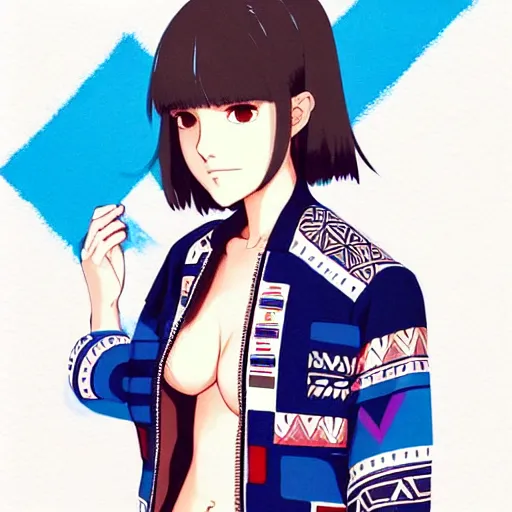 Image similar to a beautiful! boyish! natalie portman alluring gravure! model, wearing oversized aztec bomber jacket and leotard, poofy bomber jacket with mayan patterns, gapmoe yandere grimdark, trending on pixiv fanbox, painted by greg rutkowski makoto shinkai takashi takeuchi studio ghibli, akihiko yoshida