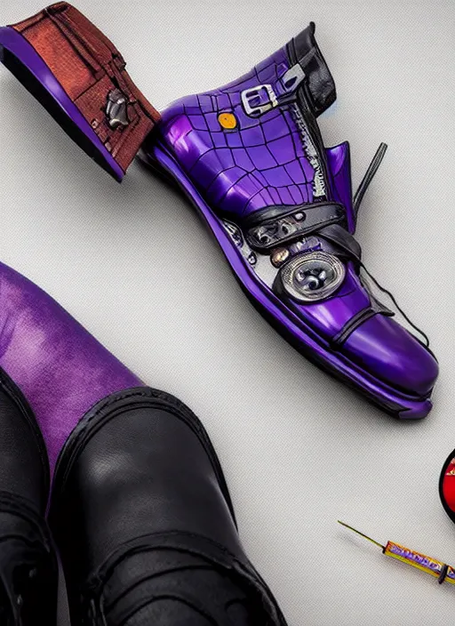 Image similar to hyperrealistic and heavy detailed product photo off white avant garde shoe of thanos ( marvel comics ), in front of white back drop, whole shoe is in picture, leica sl 2 5 0 mm, vivid color, high quality, high textured, real life