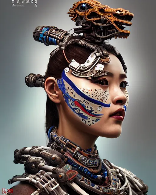Prompt: portrait of a machine from horizon zero dawn, machine face, upper body, decorated with chinese opera motifs, asian, bian lian, traditional chinese art, intricate, elegant, highly detailed, digital painting, artstation, concept art, smooth, sharp focus, illustration, art by artgerm and greg rutkowski and alphonse mucha, 8 k