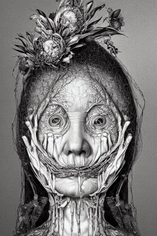 Image similar to Detailed maximalist portrait of a beautiful old woman with large lips and eyes, scared expression, botanical skeletal with extra flesh, HD mixed media, 3D collage, highly detailed and intricate, surreal illustration in the style of Caravaggio, dark art, baroque, centred in image