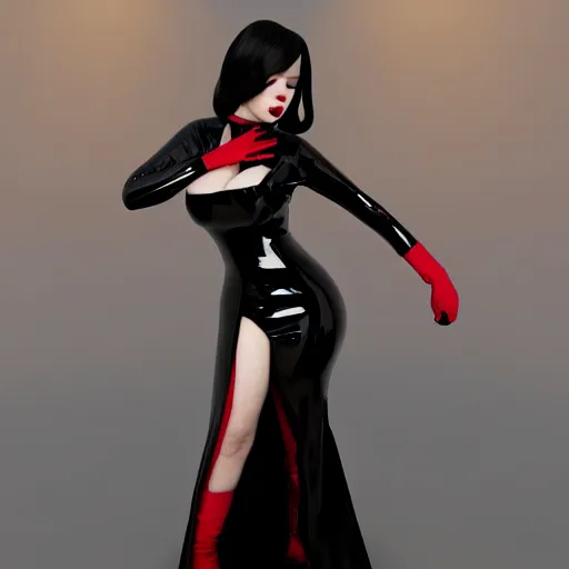 Image similar to curvy feminine hot goth cutie in a sublime elegant polished black latex neck-high floor length outfit with red trim, thin waist, cgsociety, photorealistic, comfy ambience, idealistic, 16k, smooth, sharp focus, trending on ArtStation, volumetric lighting, fully clothed, worksafe