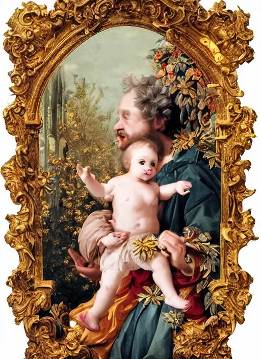 Prompt: father with beautiful child, head overgrown by maximalist mixed media collage plants. flemish baroque and gothic details. vibrant colours matte background. beautiful. amazing. rococo. HD 8x