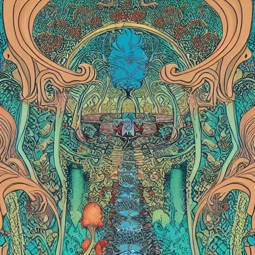 Prompt: fluffy 🏩 death ornate powerscourt estate garden, pastiche by moebius, pastiche by roger dean, precise and intricate linework, art nouveau cosmic 4 k detailed matte illustration trending on cgsociety, cgsociety, linen and aqua color scheme