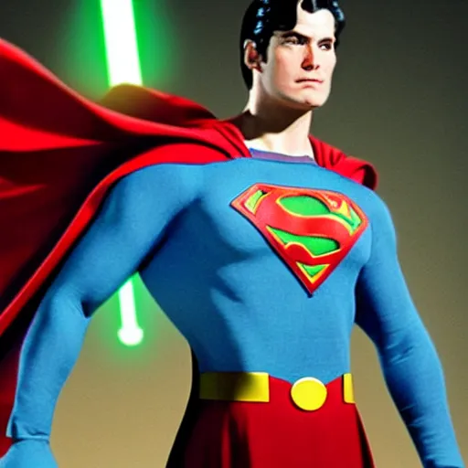 Prompt: superman as a jedi, S symbol on his chest, Realistic, Body shot from the front, Realistic, 3D, Light saber in his right hand