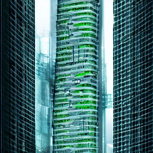 Prompt: futuristic skyscraper, white structural geometric, dark green glass, very realistic, very detailed, cinematic lighting, architecture photography, intricate, artstation, complicated, elegant