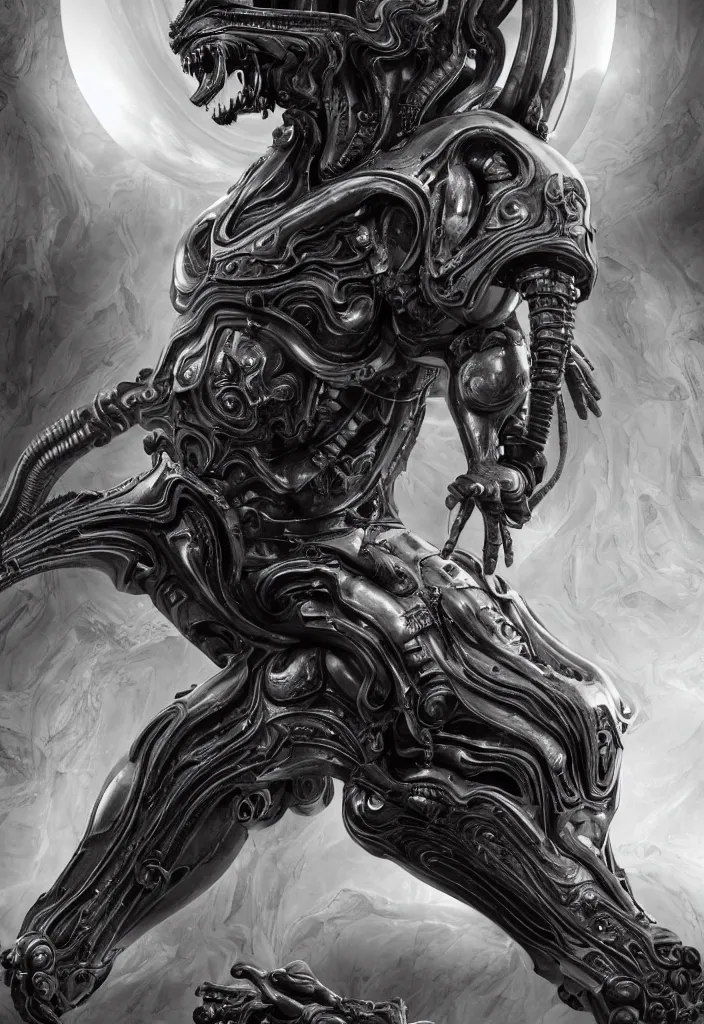 Image similar to engineer prometheus, xenomorph alien, highly detailed, symmetrical long head, smooth marble surfaces, detailed ink illustration, raiden metal gear, cinematic smooth stone, deep aesthetic, concept art, post process, 4k, carved marble texture and silk cloth, latex skin, highly ornate intricate details, prometheus, evil, moody lighting, hr geiger, hayao miyazaki, indsutrial Steampunk