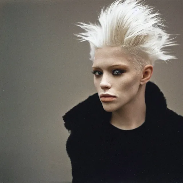 Image similar to a color photograph of a non binary model, platinum blonde, by nan goldin, intense, bold, hyperrealistic, ultra sharp, extra details, ultra high quality, trending on pinteresst