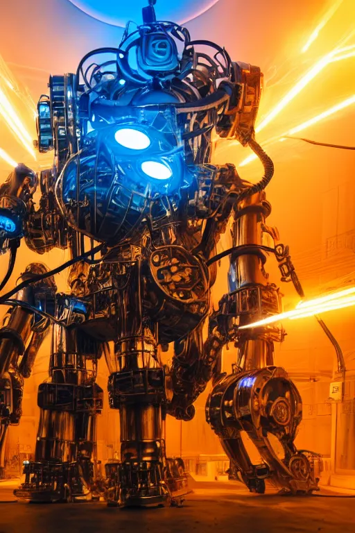 Prompt: photo of a giant huge golden and blue metal humanoid steampunk robot with big gears and tubes, robot is broken and falling apart into pieces, eyes are glowing red lightbulbs, shiny crisp finish, 3 d render, 8 k, insaneley detailed, fluorescent colors, background is multicolored lasershow