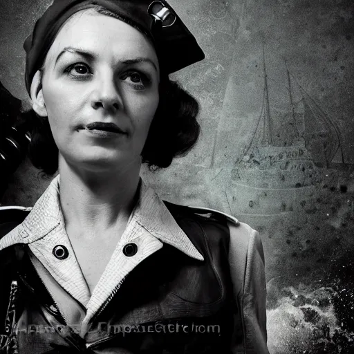 Image similar to simona sbaffi as a dieselpunk submarine captain, portrait, photography by anna fischer