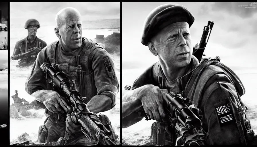 Image similar to black and white 4 0's photos of bruce willis during d - day in omaha beach, hyperdetailed, artstation, cgsociety, 8 k