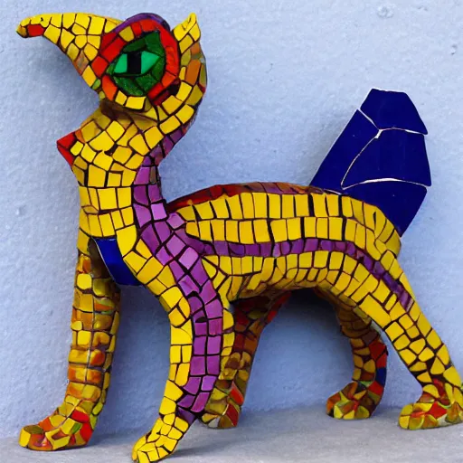 Prompt: mosaic sculpture of a alebrije chimera!!!, irregularly shaped mosaic tiles, hand glazed pottery shards, in the style of folk art, blank background