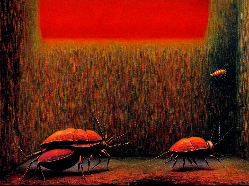 Prompt: realistic detailed image of a big cockroach travelling through 5 th dimensional outer psychedelic hyperspace, neo - gothic, gothic, rich deep colors. beksinski painting, still from 1 9 9 3 movie by david cronenberg. masterpiece by francis bacon.