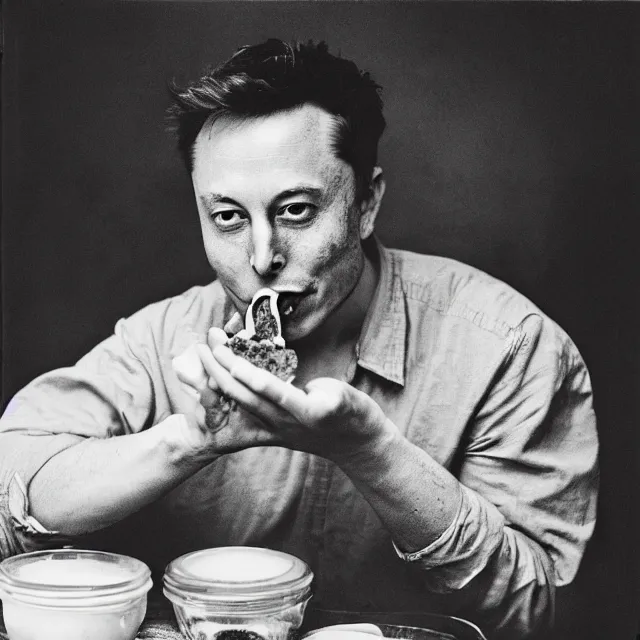 Image similar to a vintage photograph of Elon Musk eating idli by Julia Margaret Cameron, portrait, 40mm lens, shallow depth of field, split lighting