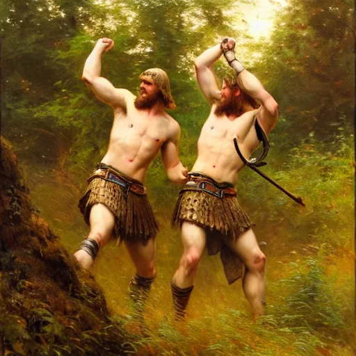 Image similar to 2 attractive male vikings frolicking in the forest. highly detailed painting by gaston bussiere, craig mullins, j. c. leyendecker, 8 k