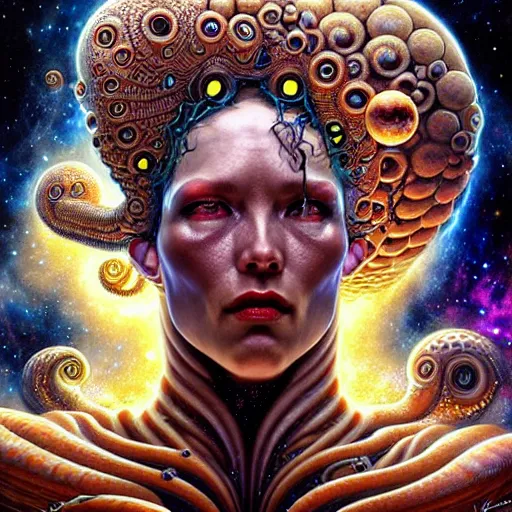 Image similar to uhd photorealistic cosmic lovecraftian gorgon in space. amazing detail, correct face, bizarre looking, by karol bak and zawadzki, hyperdetailed. intricate details with studio lighting.