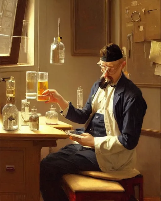 Image similar to a old professor doing experiments in his lab, oil on canvas, artstation, by j. c. leyendecker and edmund blair leighton and charlie bowater, beautiful face, octane, very aesthetic!!!!!!!!!!!!!!!