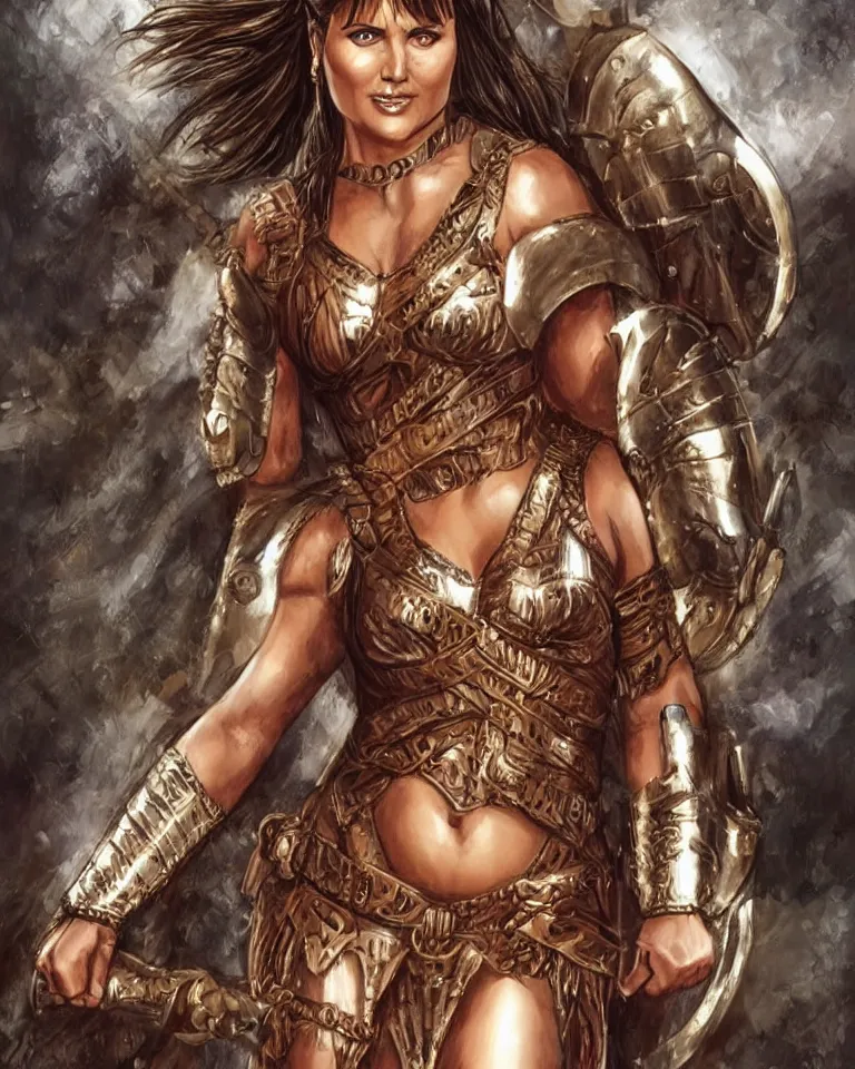 Image similar to a young lucy lawless as xena warrior princess as an amazon warrior, a tall beautiful woman with brown skin and long hair, dressed in hellenistic body armor, intricate, elegant, highly detailed, smooth, sharp focus, detailed face, art by ardian syaf