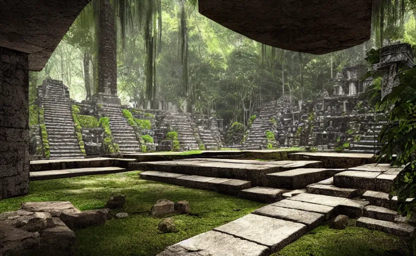 Image similar to Fashion Runway!, Catwalk!!, Platform in a Maya Temple in the Rainforest, Concept Art, Octane, Redshift, 4k