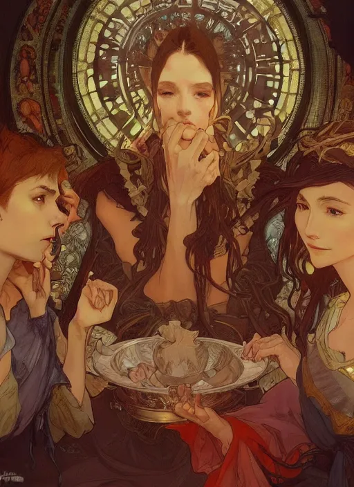 Image similar to the last supper beautiful painting by artgerm and greg rutkowski and alphonse mucha, highly detailed, illustration, epic, fantasy, intricate, hyper detailed, artstation, concept art, smooth, sharp focus, ray tracing