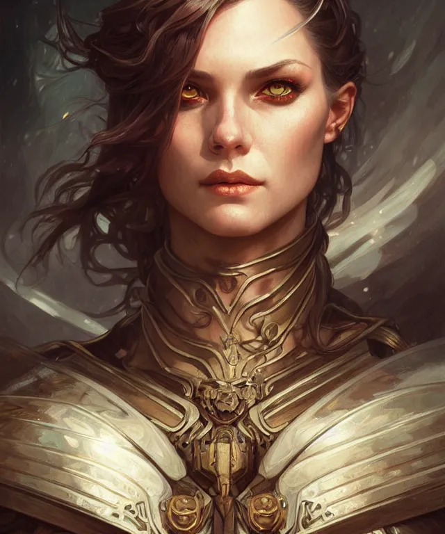 Image similar to Muscular and powerful medieval knight woman portrait, sci-fi, amber eyes, face, long hair, fantasy, intricate, elegant, highly detailed, digital painting, artstation, concept art, smooth, sharp focus, illustration, art by artgerm and greg rutkowski and alphonse mucha