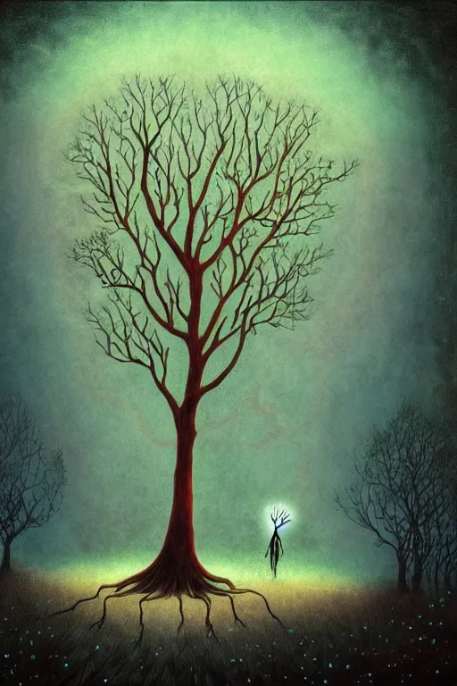 Image similar to surreal, fantasy, fairytale animals, hangman's tree, crossroads, forest, by andy kehoe