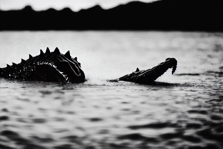 Image similar to a real life sea monster swimming in a lake, sight proof, black and white, blurry, old camera, grainy, motion blur, low focus, full body shot, wide angle