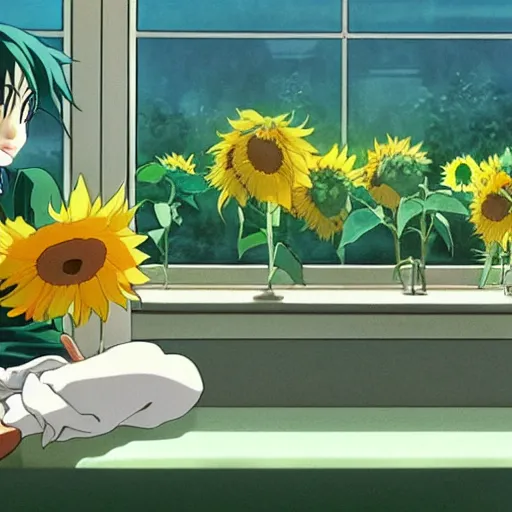 Image similar to a boy with long green hair lies in a hospital bed with a bunch of sunflowers by the window, by mamoru hosoda, hayao miyazaki, makoto shinkai