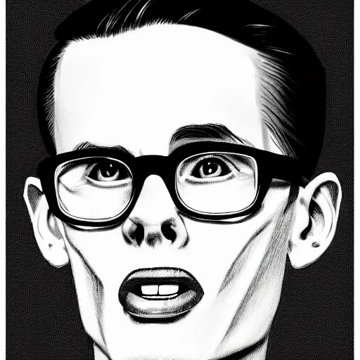 Image similar to A 1950s Style Comic-Like Drawing of iDubbbz, grainy, realistic, hyperrealistic, very realistic, very very realistic, highly detailed, very detailed, extremely detailed, detailed, digital art, trending on artstation, detailed face, very detailed face, very detailed face, realism, HD Quality, 8k resolution, intricate details, body and head in frame, drawing, inked drawing, comic drawing, neat drawing, 1950s, 50s, in the style of Frank Hampson, in the style of Frank Bellamy, in the style of Dave Gibbons, in the style of Don Lawrence, in the style of Wally Wood