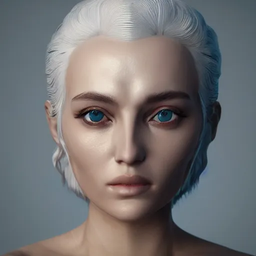 Image similar to 3 d render, hyper detailed, realistic female face and shoulders as a painted porcelain statue, white hair, fine facial features, white eyes and eyelashes, 8 k, 1 5 0 ml lens, elegant, white background, octane render, volumetric lighting, by carlos ortega elizalde and yomagick and ahmed emad eldin