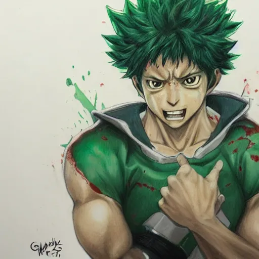 Image similar to Izuku Midoriya crying blood from his swollen eyes, Greg Rutkowski pencil painting