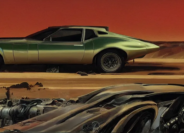 Prompt: ( ( ( ( ( 1 9 8 2 pontiac trans am, jaguar e - type, car concept art, sci - fi illustration, painting ) ) ) ) ) by vincent di fate and john berkey and blade runner 2 0 4 9 and mad max fury road!!!!!!!