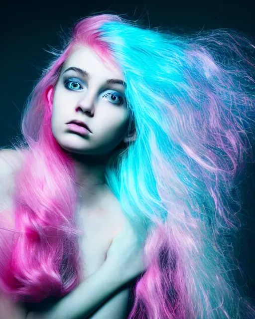 Prompt: a dramatic lighting photo of a beautiful young woman with cotton candy hair. moody, melanchonic. with a little bit of cyan and pink