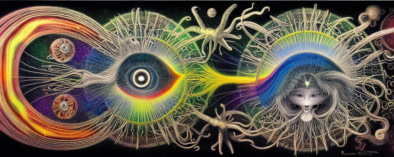 Image similar to a strange bifrost creature with endearing eyes radiates a unique canto'as above so below'while being ignited by the spirit of haeckel and robert fludd, breakthrough is iminent, glory be to the magic within, in honor of saturn, painted by ronny khalil