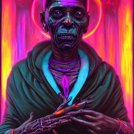 Image similar to a death tarot featuring a haitian voodoo priest with menacing eyes, blacklight neon colors, by anton semenov and android jones in cyberpunk voodoo style, oil on canvas, 8k