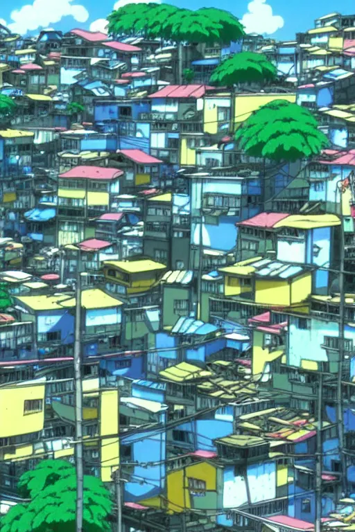 Prompt: 8 k screencap of brazilian favela anime, by hayao miyazaki, studio ghibli, extremely high quality artwork