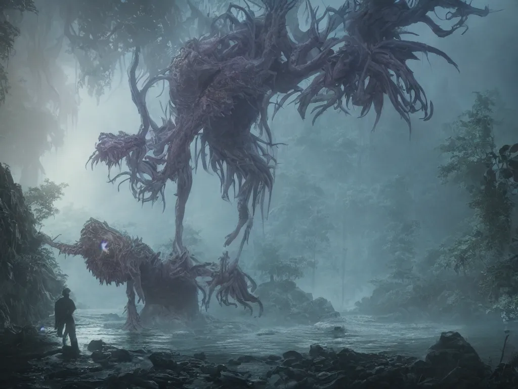 Prompt: scary mystycal monster with many limbs with elemental magic hunting in foggy river. vaporwave, unreal engine 5, art by artgerm and greg rutkowski and alphonse mucha, hdr global illumination, detailed and intricate environment. hyperrealistic, volumetric lighting. epic cinematic shot, perfectly defined features, ambient occlusion