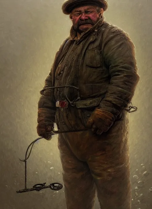 Image similar to a russian railroad electrician!!!, siberia!!, portrait, intricate, dirty, fat, ugly, highly detailed, digital painting, artstation, concept art, wallpaper, smooth, sharp focus, illustration, art by artgerm and greg rutkowski and alphonse mucha