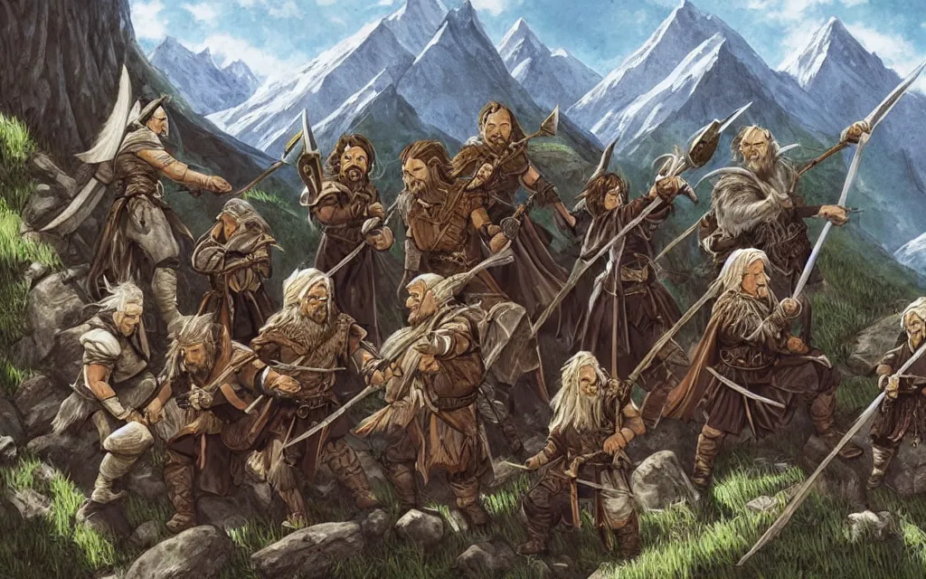 Image similar to DnD party adventuring across vast rugged mountain range, LOTR fantasy illustration